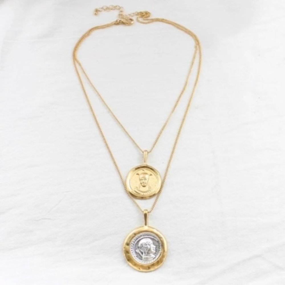 Coin Pendant Vintage Double Chain Layered Necklace - Picture 7 of 9